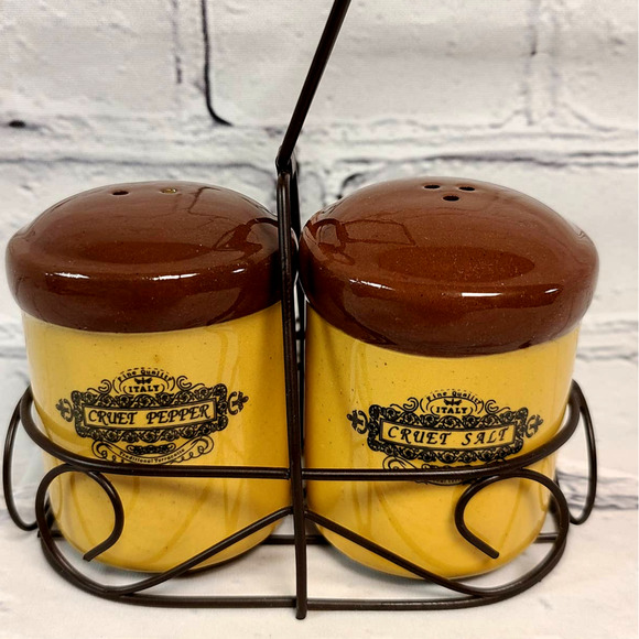 Cruet Salt & Pepper Shakers with Metal Caddy/Tray ITALY - Italian Scroll Design - Picture 1 of 6